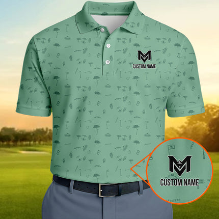 Personalized Golf Icons Pattern Polo Shirt for Men – Custom Name Golf Polo Shirt – Unique Casual Sport Shirt