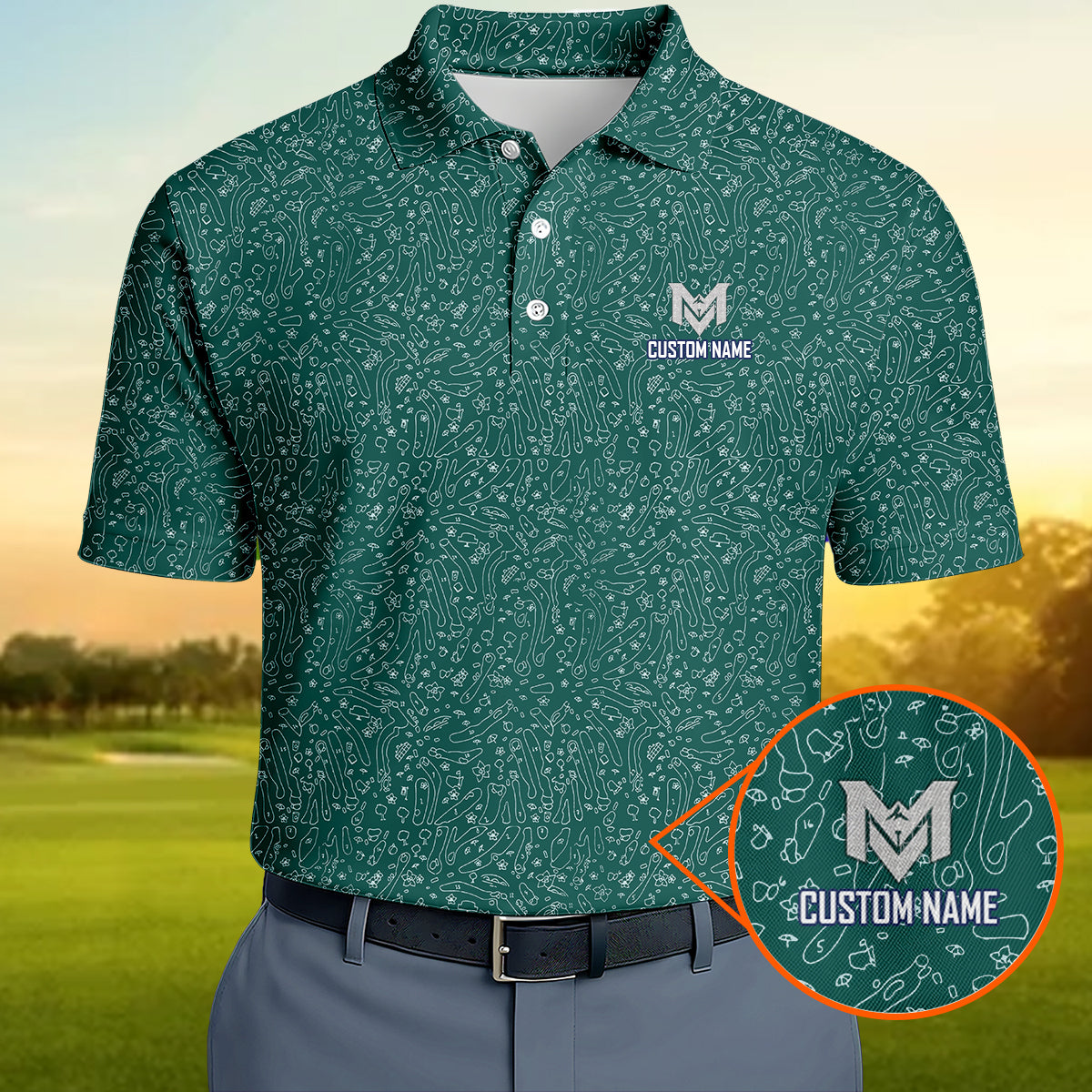 Personalized Green Golf Doodle Pattern Polo Shirt for Men Funny All Over Print Performance Golf Polo Lightweight Breathable Golf Apparel