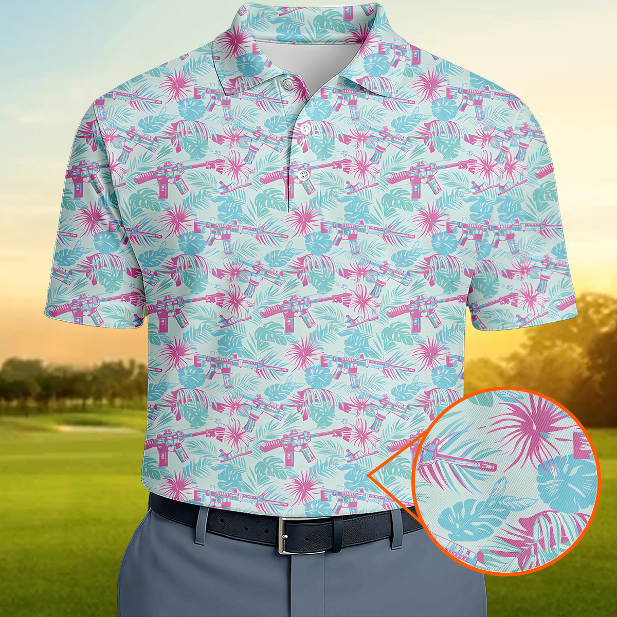 Funny Tactical Hawaiian Golf Polo Shirt for Men – Tropical Pattern Performance Golf Shirt, Lightweight Breathable Novelty Golf Polo