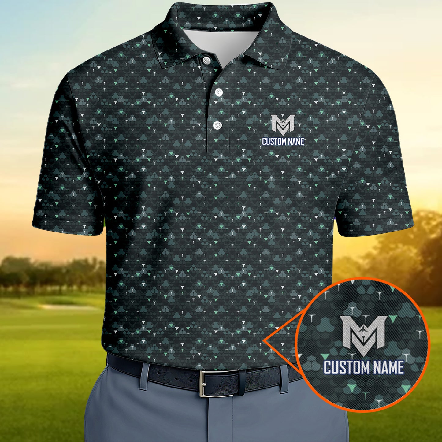 Personalized Dark Golf Ball Pattern Polo Shirt for Men Modern All Over Print Performance Golf Polo Lightweight Breathable Golf Apparel