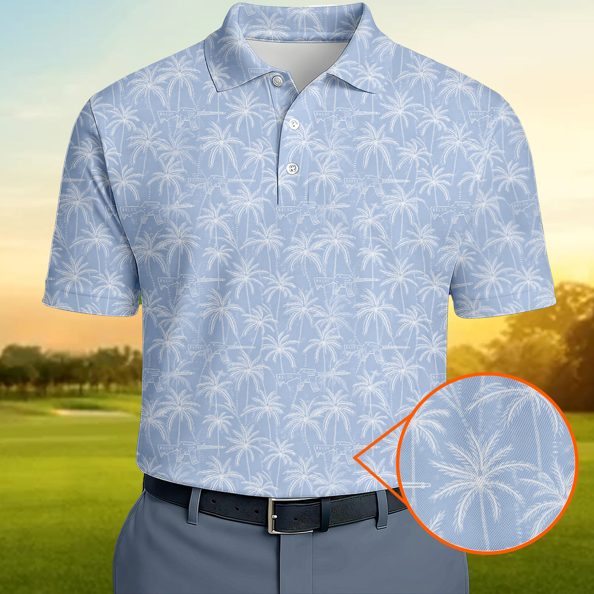 Men’s Tactical Hawaiian Golf Polo Shirt, Palm Tree & Rifle Pattern Golf Shirt, Funny Gun Lover Golf Polo, Patriotic Golf Apparel