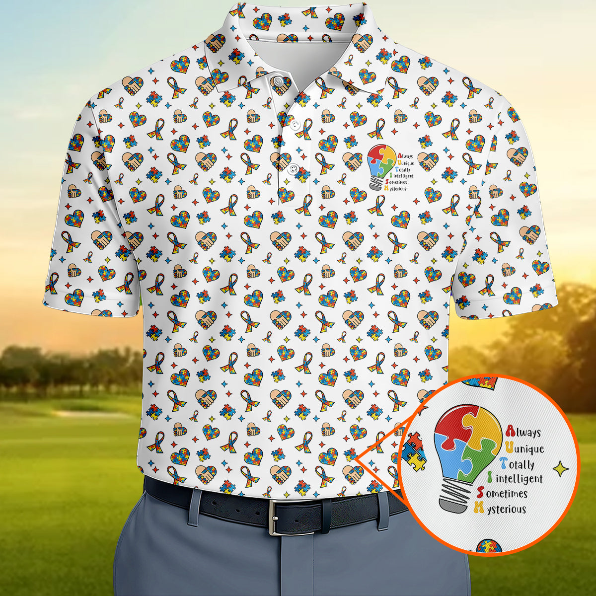 Autism Awareness Golf Polo Shirt Puzzle Pattern Men Golf Shirt