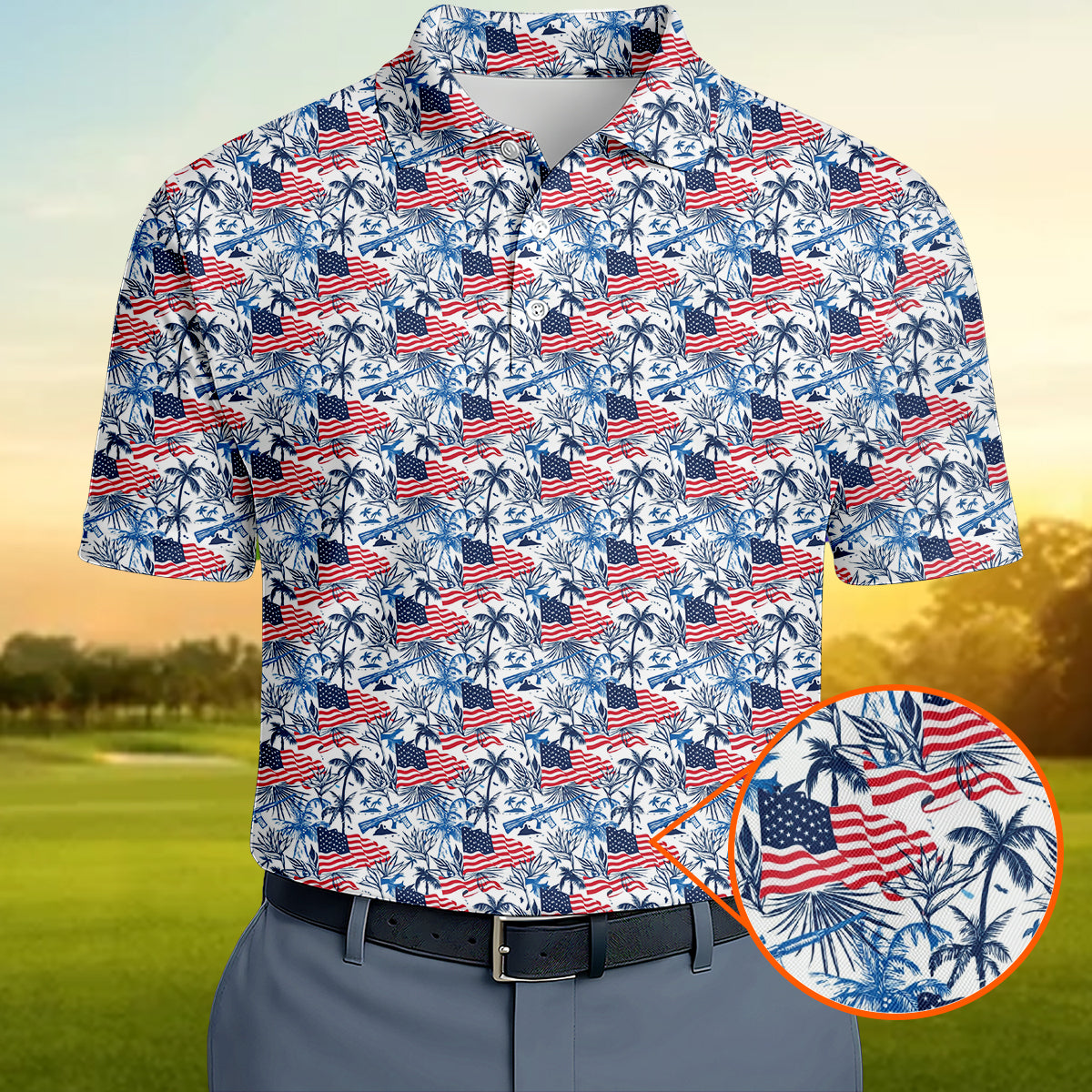 American Flag Hawaiian Golf Polo Shirt for Men – Patriotic USA Tropical Performance Golf Shirt, Lightweight Breathable 4th of July Golf Polo