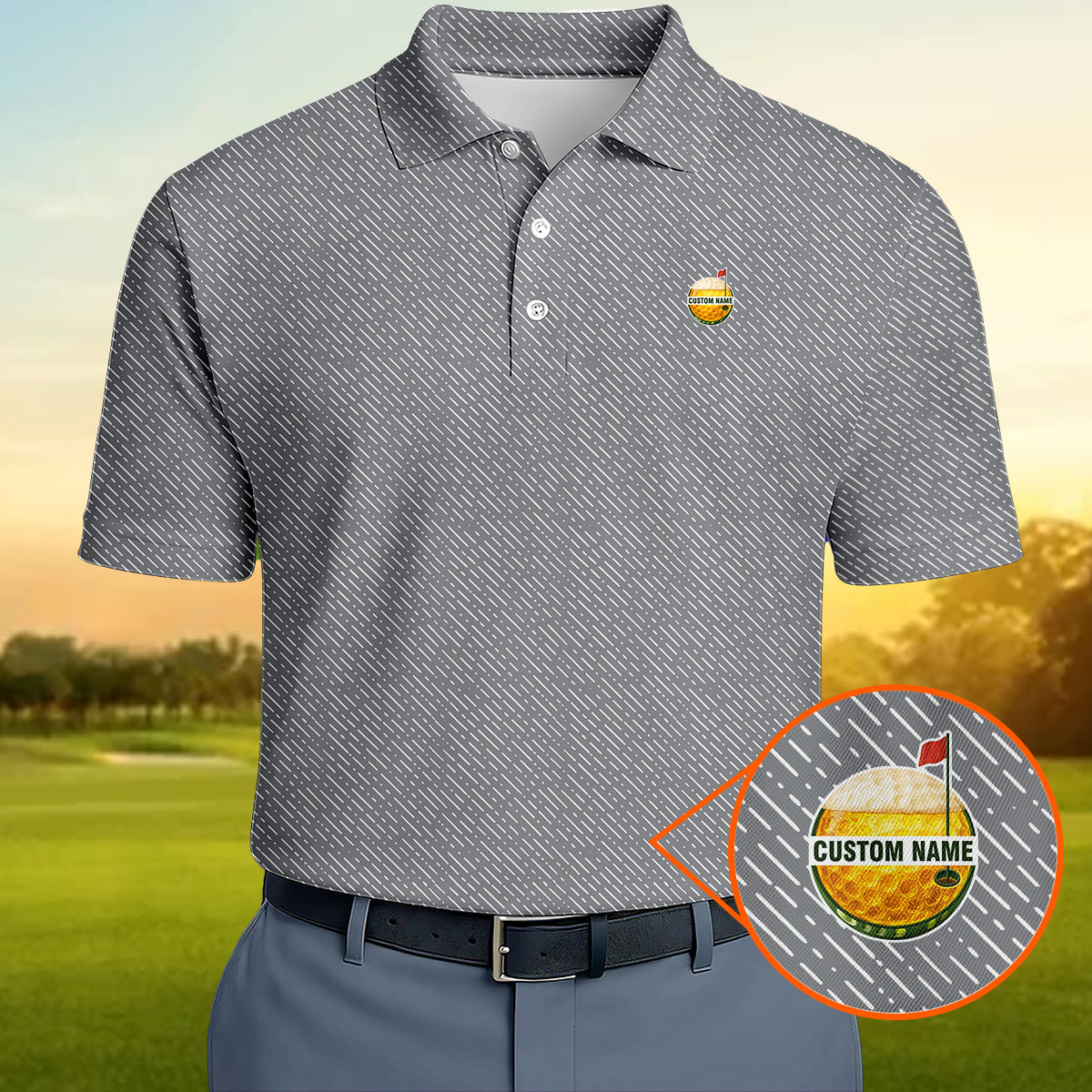 Personalized Custom Name Diagonal Dash Pattern Golf Polo Shirt for Men Stylish Minimal Golf Apparel