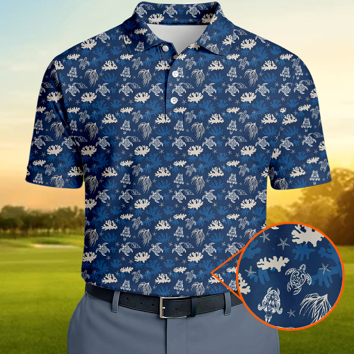 Men’s Hawaiian Sea Turtle Golf Polo Shirt, Ocean Coral & Marine Pattern Golf Shirt, Tropical Beach Style Golf Polo, Summer Golf Apparel