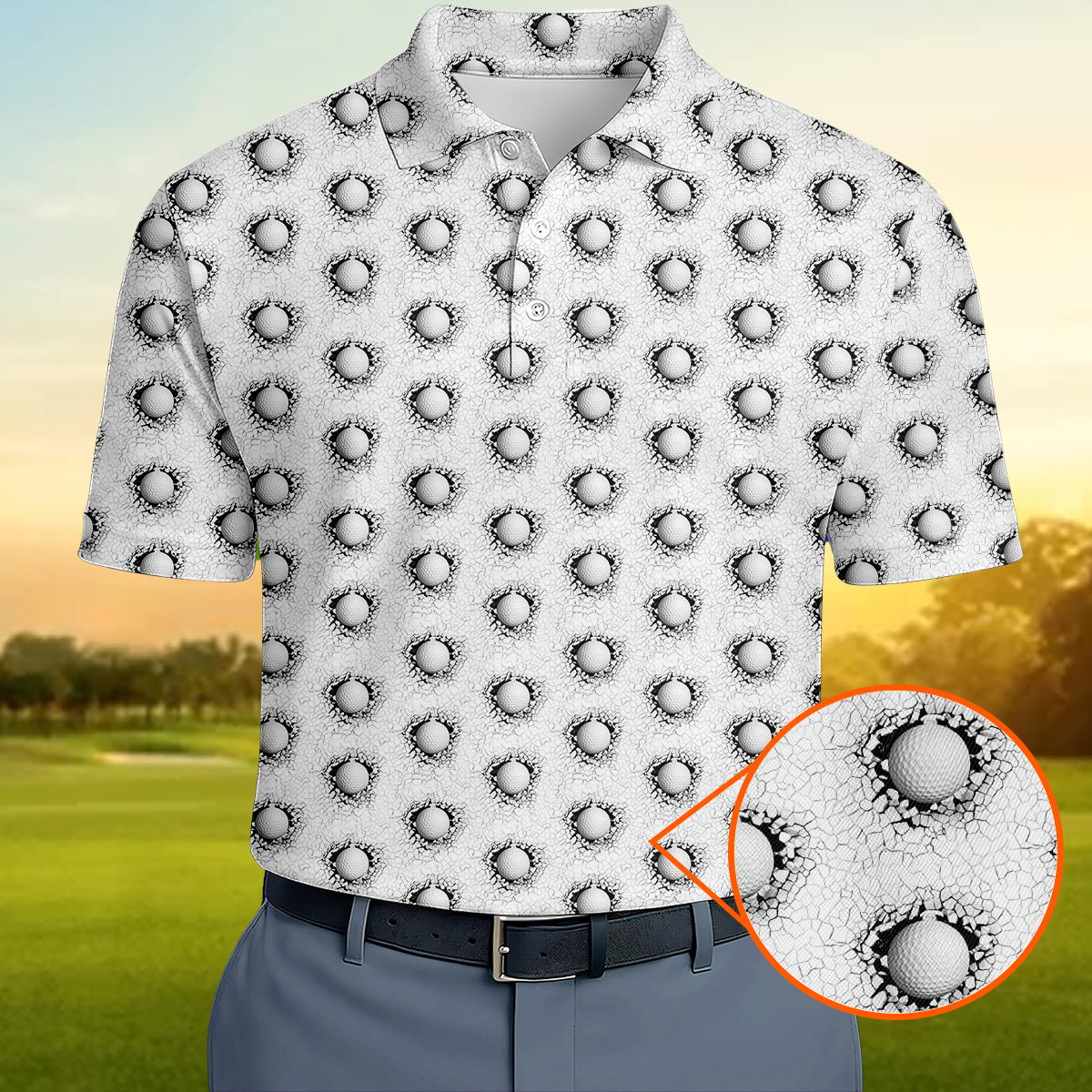 Cracked Golf Ball Pattern Golf Polo Shirt for Men – Unique 3D Golf Ball Print Performance Golf Shirt Lightweight Breathable Golf Polo