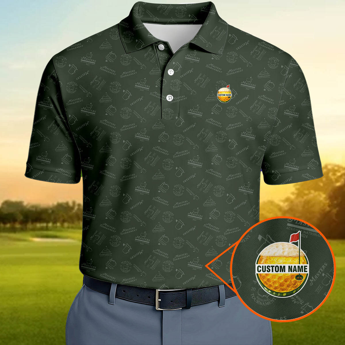 Personalized Masters Style Golf Polo Shirt for Men – Custom Name Golf Ball Logo Performance Polo, Dark Green Pattern Golf Shirt Gift for Golfers