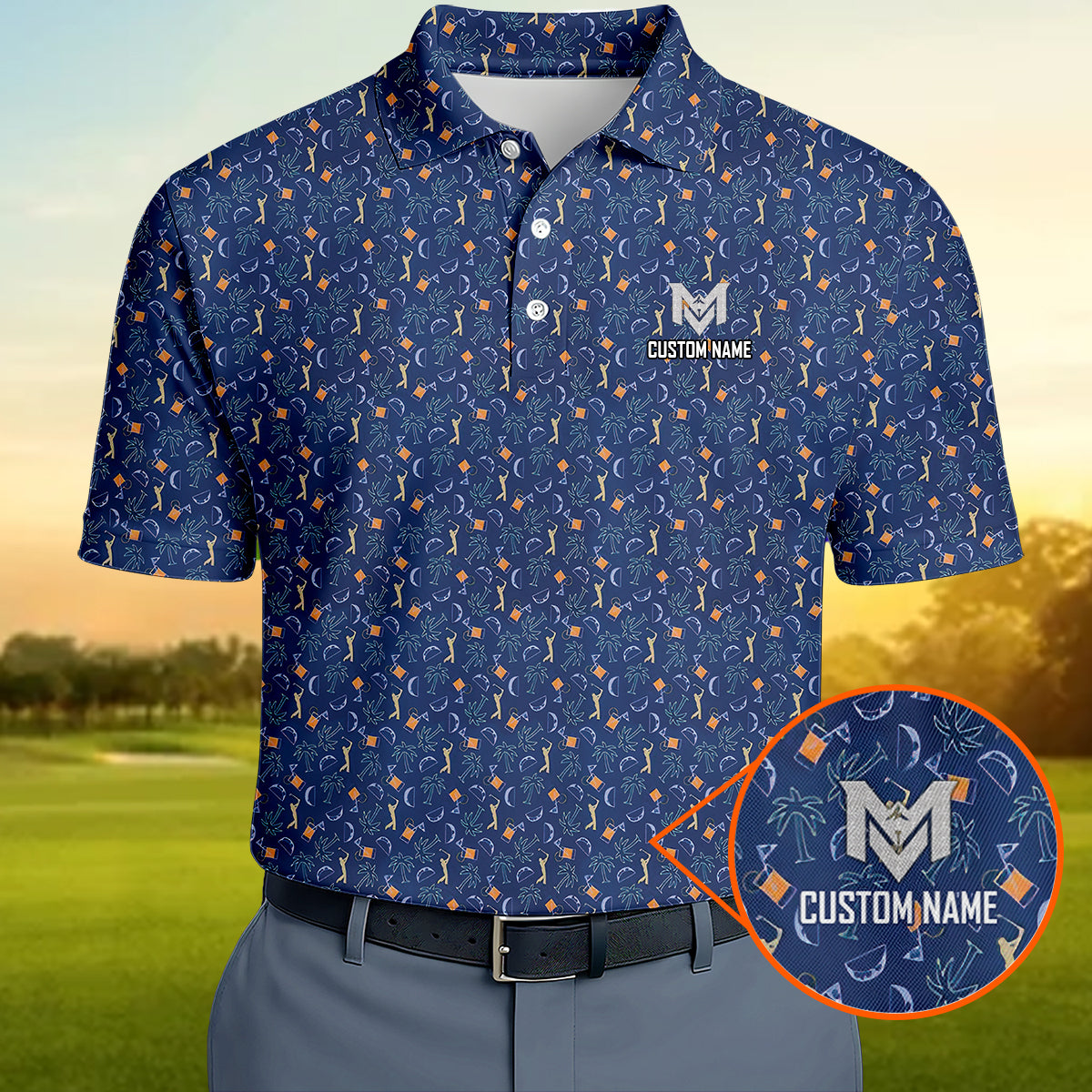 Personalized Funny Golf & Whiskey Pattern Polo Shirt for Men Tropical All Over Print Performance Golf Polo Lightweight Breathable Golfer Shirt