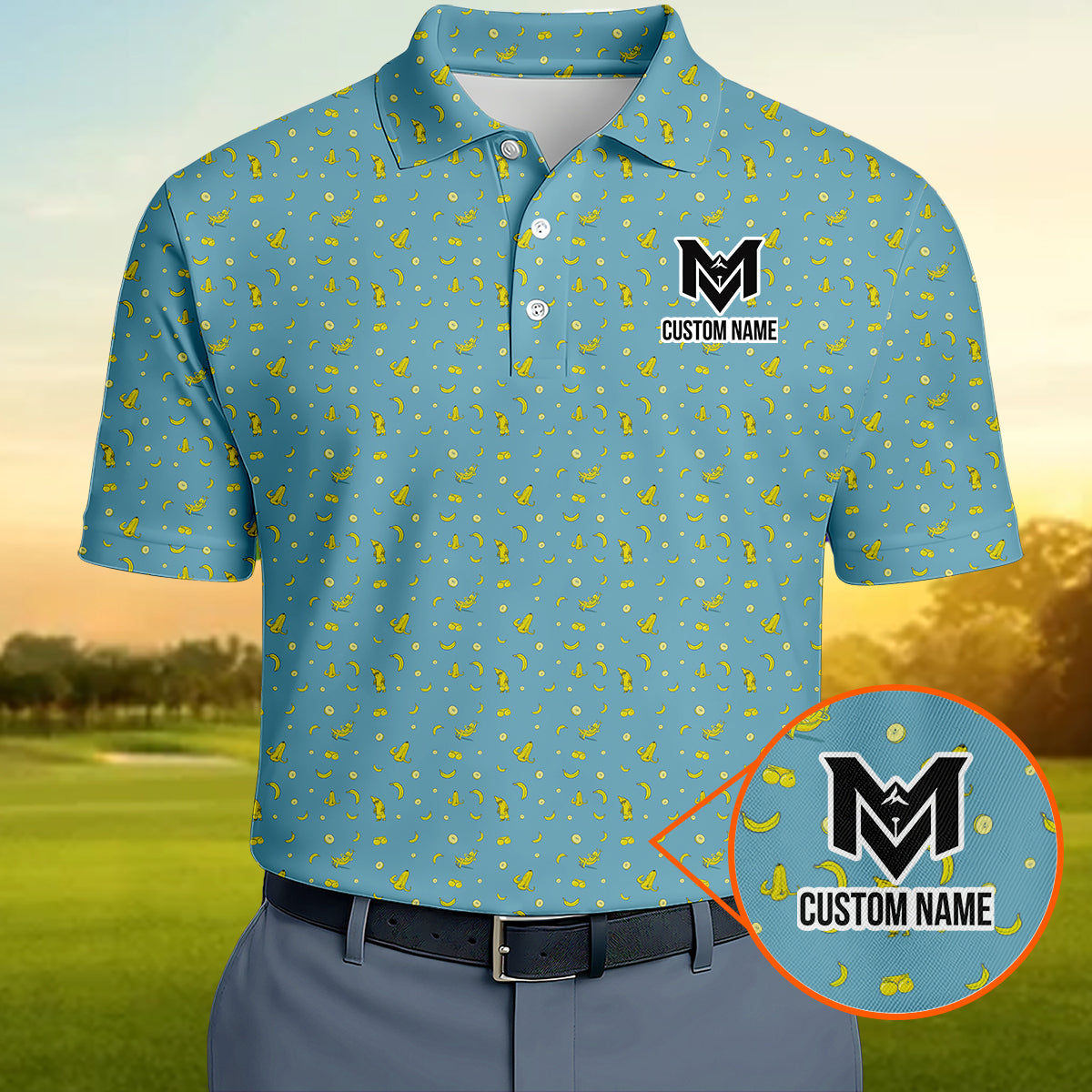 Personalized Banana Pattern Men's Polo Shirt – Custom Name Tropical Polo Shirt for Men