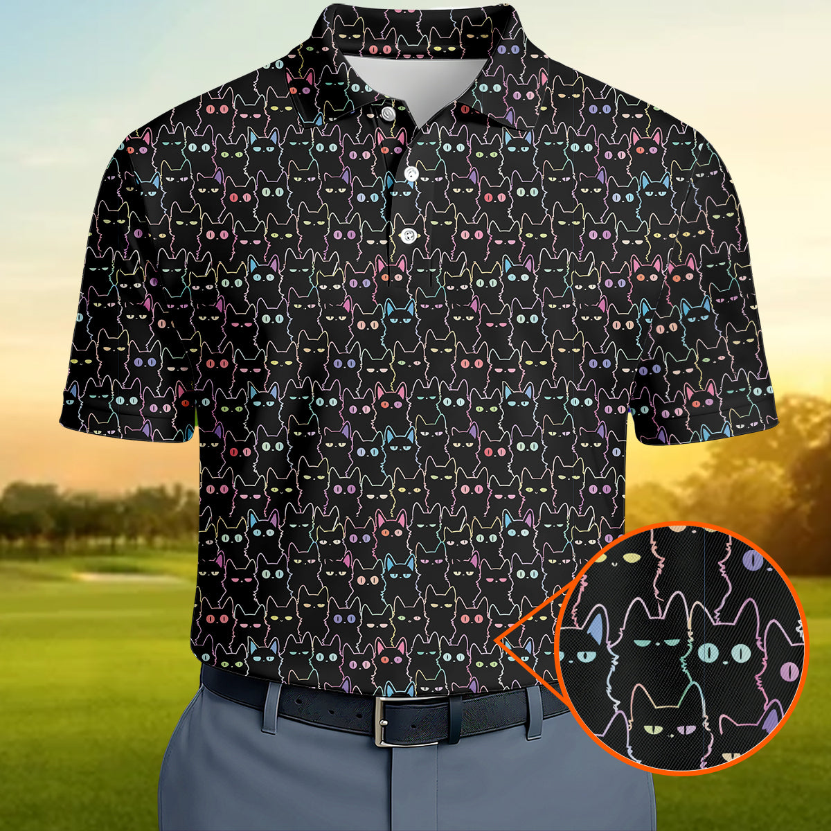 Black Cat Golf Polo Shirt Funny Cat Pattern Men Casual Golf Shirt