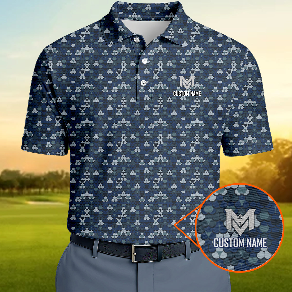 Personalized Blue Golf Ball Pattern Polo Shirt for Men All Over Print Performance Golf Polo Lightweight Breathable Golf Apparel