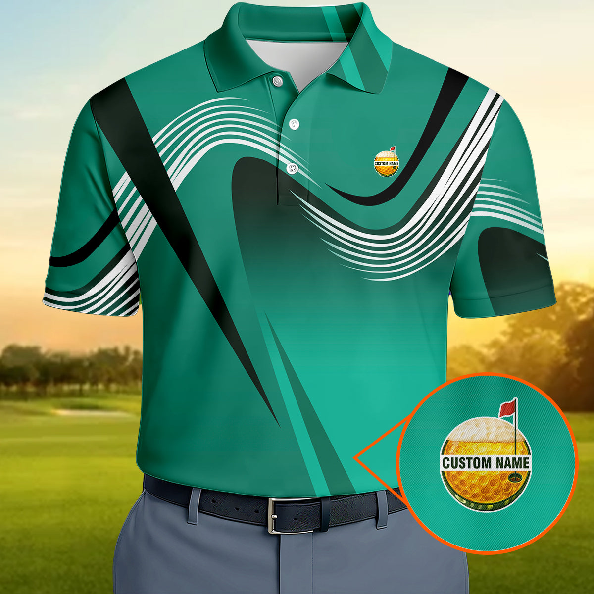 Personalized Custom Name Modern Wave Pattern Golf Polo Shirt for Men Stylish Golf Apparel