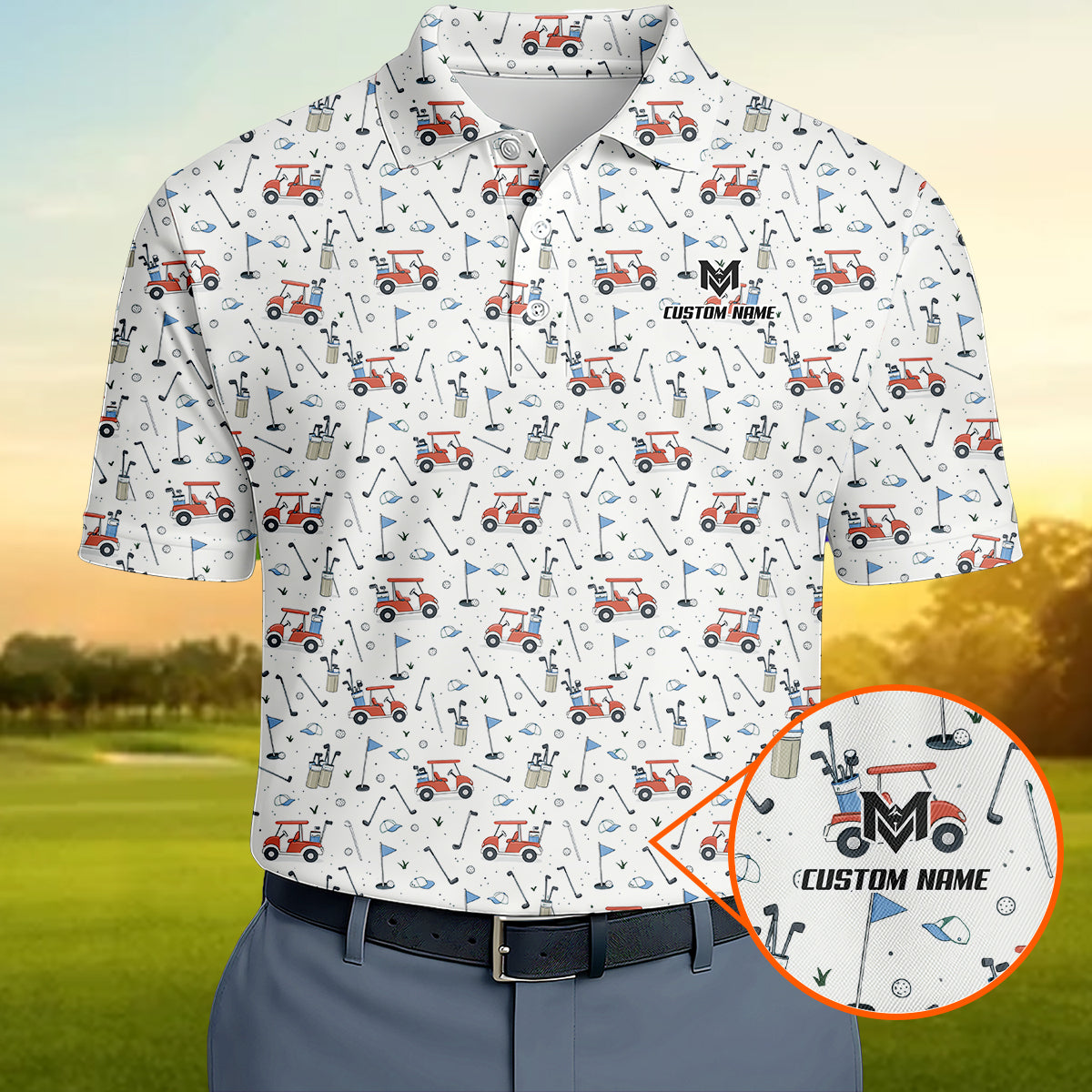 Personalized Funny Golf Cart Pattern Polo Shirt for Men All Over Print Golf Equipment Design Performance Golf Polo Lightweight Breathable Golf Apparel
