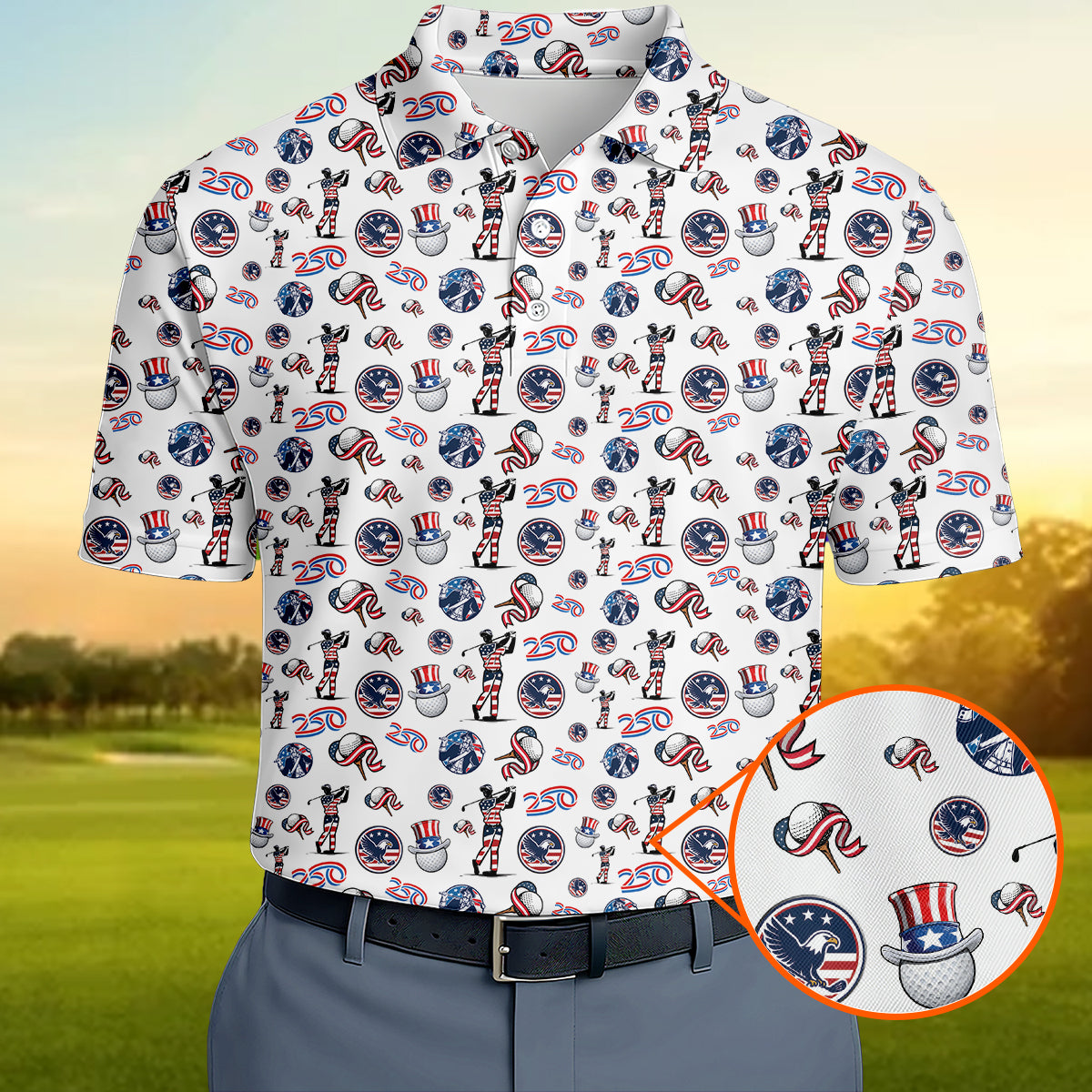 USA 250 Years Patriotic Golf Polo Shirt for Men American Flag Golfer All Over Print Performance Golf Shirt Semiquincentennial 1776–2026
