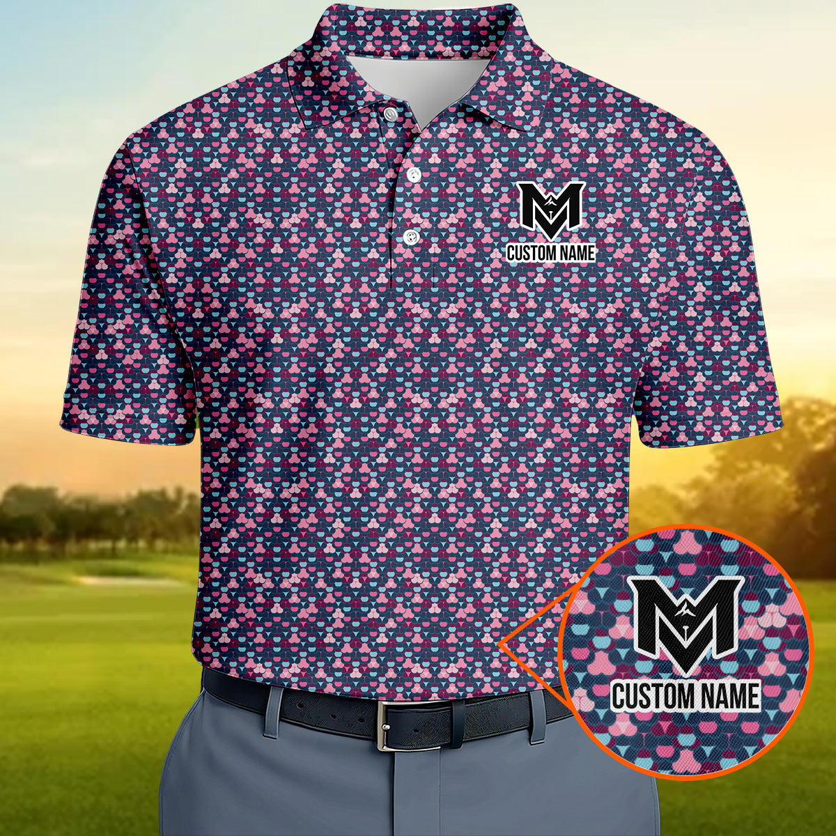 Personalized Pink Blue Golf Ball Pattern Polo Shirt for Men Modern All Over Print Performance Golf Polo Lightweight Breathable Golf Apparel