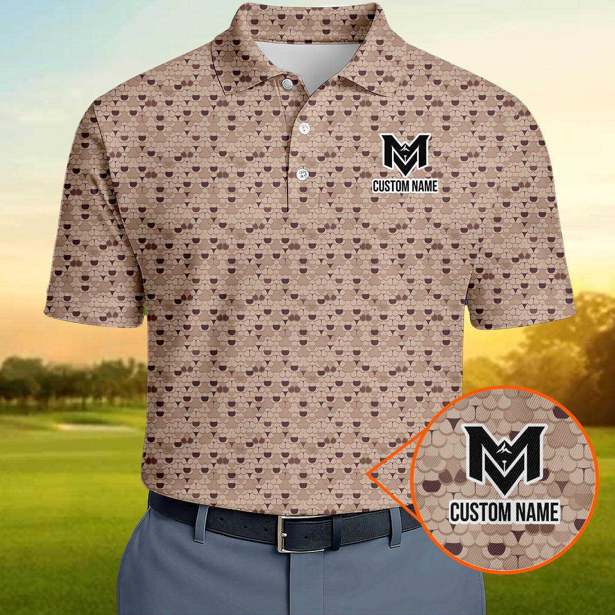 Personalized Brown Golf Ball Pattern Polo Shirt for Men Classic All Over Print Performance Golf Polo Lightweight Breathable Golf Apparel