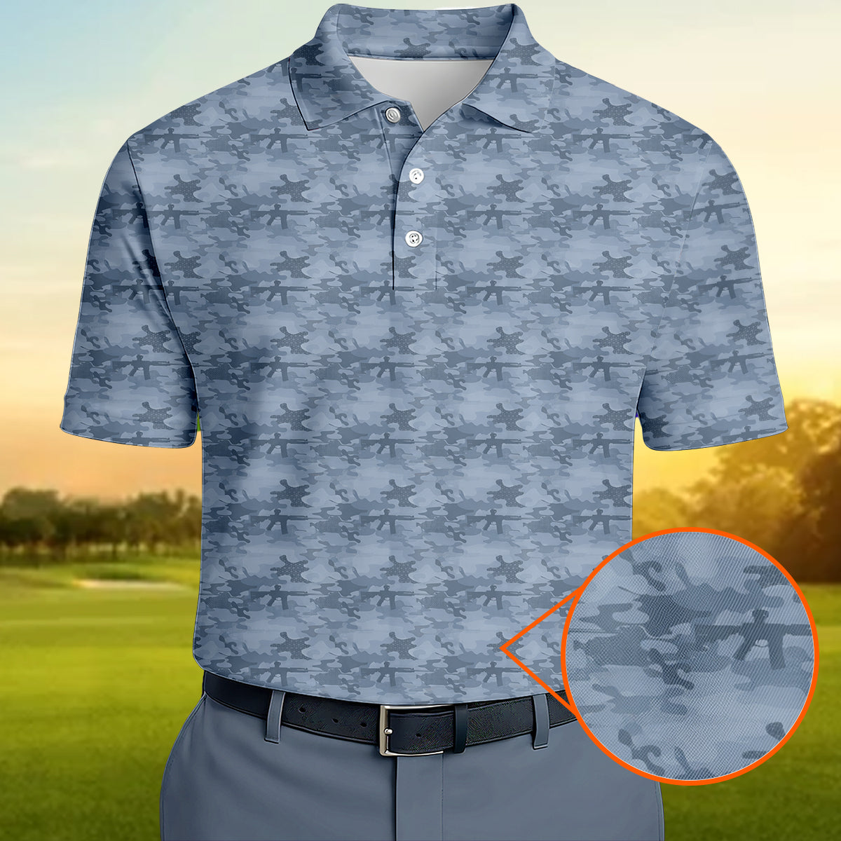 Men’s Tactical Camo Golf Polo Shirt, Rifle Camouflage Pattern Golf Shirt, Military Style Golf Polo, Patriotic Golf Apparel