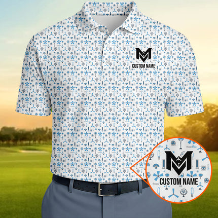Blue Funny Golf Icons Polo Shirt for Men Golf Equipment Pattern All Over Print Performance Golf Polo Lightweight Breathable Golf Apparel