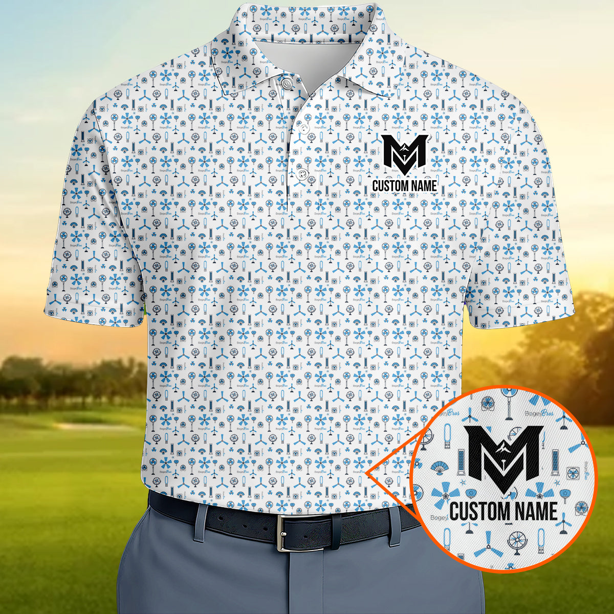 Personalized Blue Funny Golf Icons Polo Shirt for Men Golf Equipment Pattern All Over Print Performance Golf Polo Lightweight Breathable Golf Apparel
