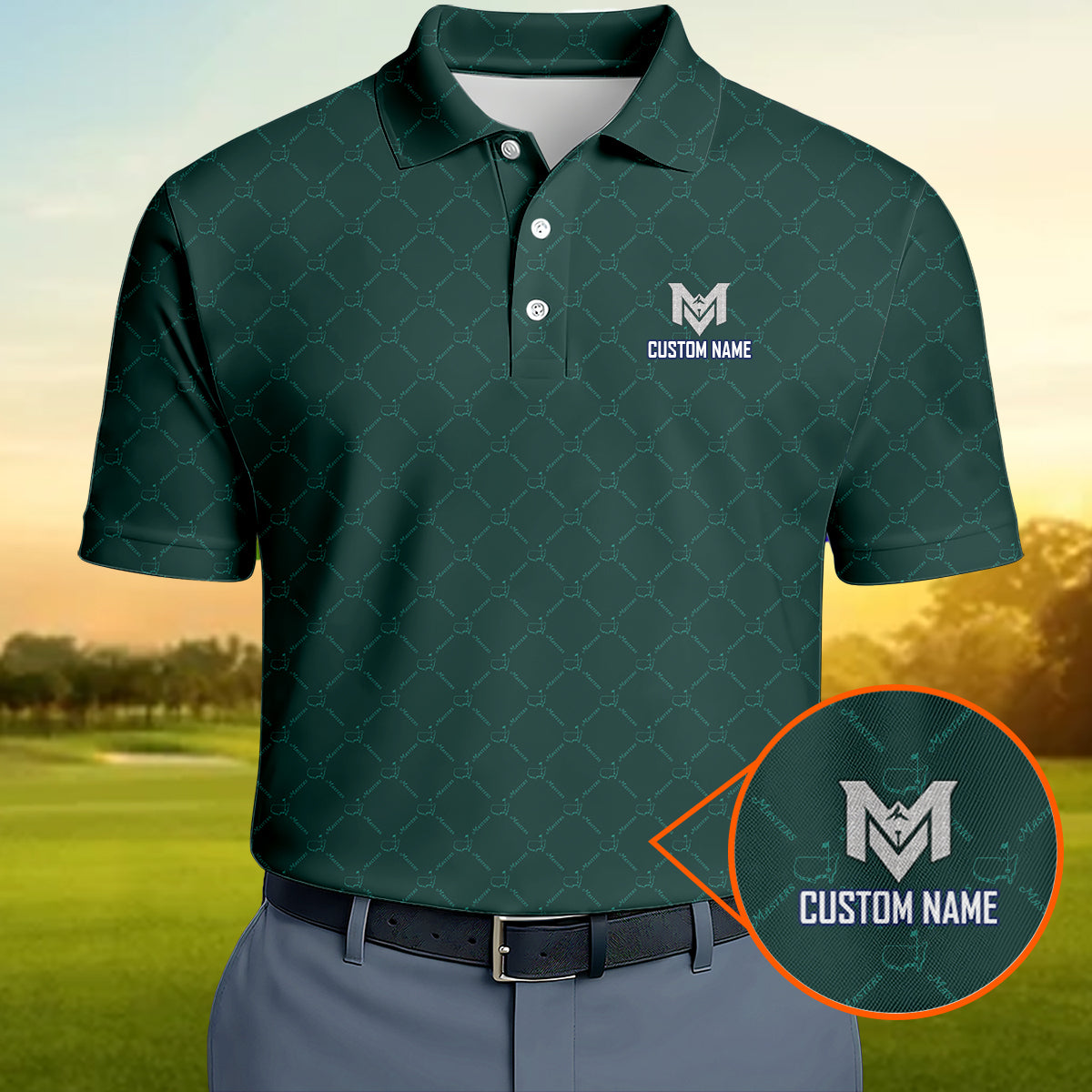 Personalized Masters Green Golf Polo Shirt for Men Classic Tournament Pattern Performance Golf Polo Lightweight Breathable Golf Apparel