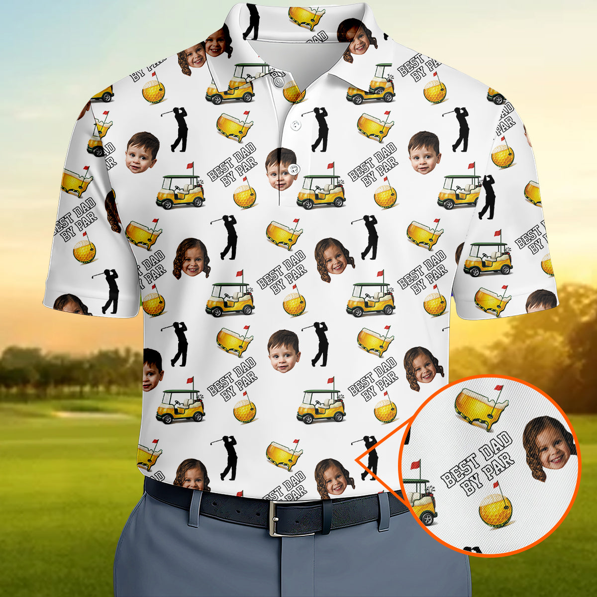 Funny Custom Baby Face, Golf Polo Shirt for Men, Best Dad By Par Golf Cart Pattern