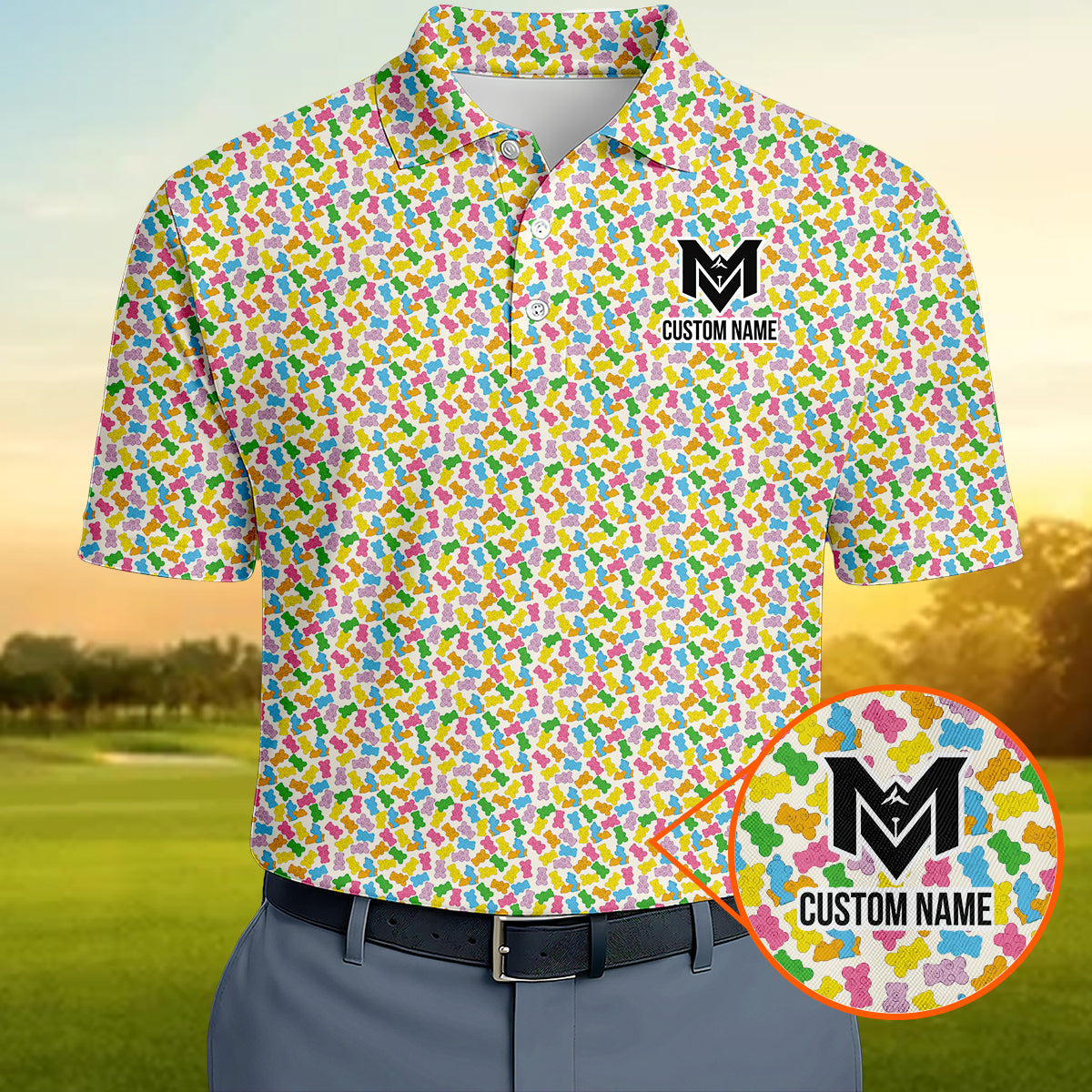 Personalized Colorful Gummy Bear Golf Polo Shirt for Men Funny Candy Pattern All Over Print Performance Golf Polo Lightweight Breathable Golf Apparel