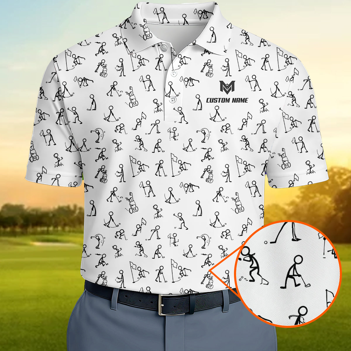 Funny Stick Figure Golf Pattern Polo Shirt for Men Custom Name All Over Print Golf Polo Golf Lover Gift Lightweight Performance Golf Shirt