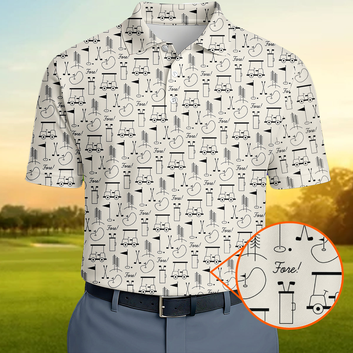 Men’s Funny Golf Polo Shirt, Golf Cart & Clubs “Fore!” Pattern, Casual Golf Polo for Golfers, Golf Lover Gift