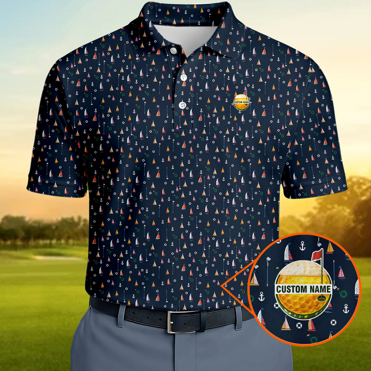 Personalized Custom Name Nautical Sailing Pattern Golf Polo Shirt for Men Unique Golf Apparel
