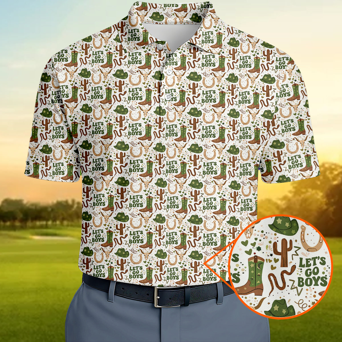 Men’s Funny Cowboy Golf Polo Shirt, Western Boots Cactus “Let’s Go Boys” Pattern Golf Shirt, Country Western Golf Apparel, Rodeo Style Golf Polo