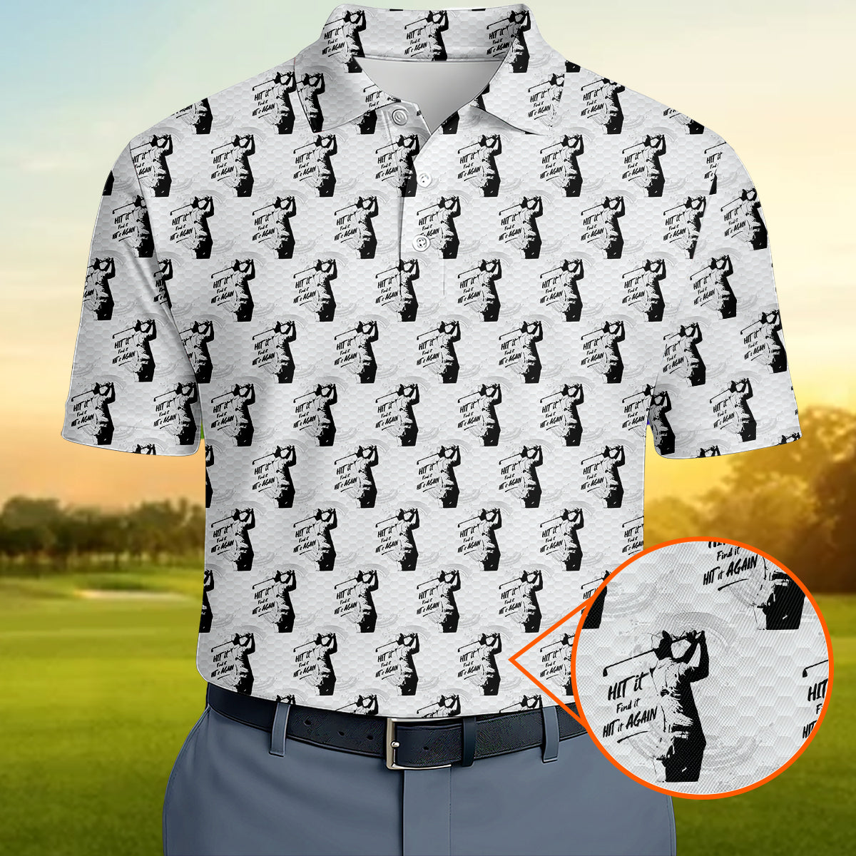 Funny Hit It Find It Hit It Again Golf Polo Shirt for Men – Vintage Golfer Pattern Performance Golf Shirt, Lightweight Breathable Golf Polo