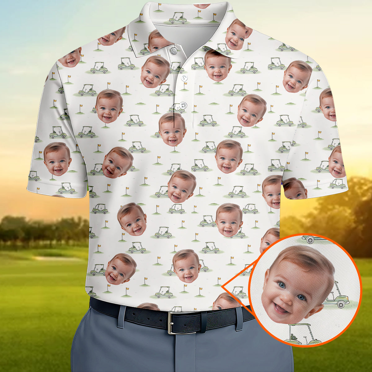 Funny Custom Baby Face Golf Polo Shirt for Men Personalized Photo Golf Shirt with Golf Cart Pattern All Over Print Unique Golf Gift for Dad or Grandpa