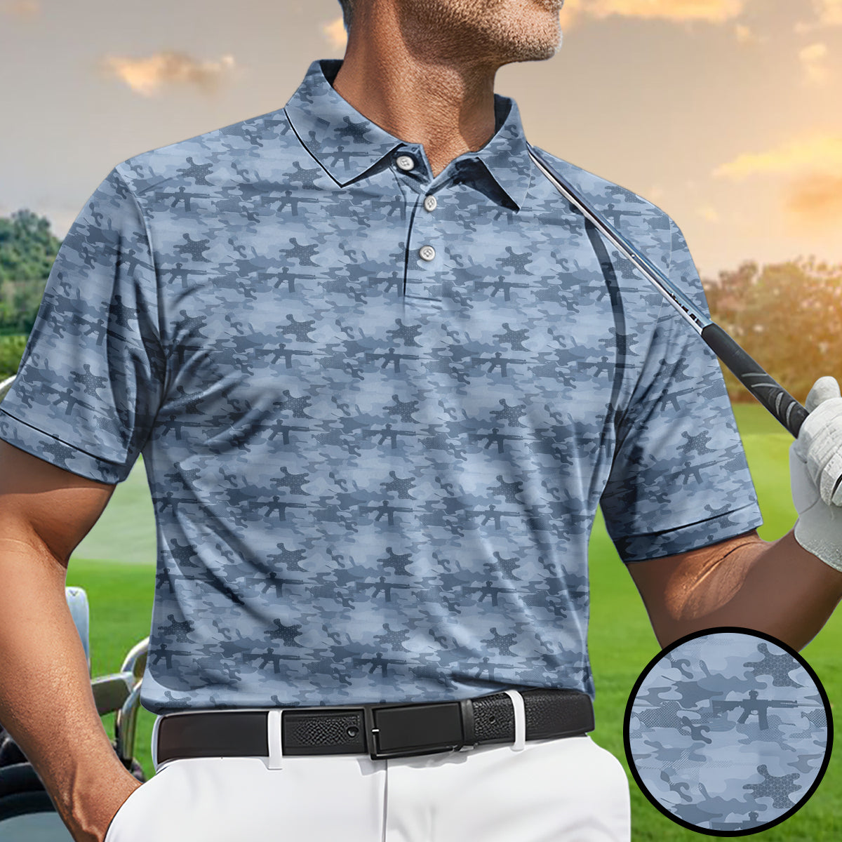 Men’s Tactical Camo Golf Polo Shirt, Rifle Camouflage Pattern Golf Shirt, Military Style Golf Polo, Patriotic Golf Apparel