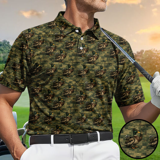 Men’s Funny Duck Hunting Golf Polo Shirt, Mallard Duck Camo Pattern Golf Shirt, Hunter Style Golf Polo, Hunting Golf Apparel
