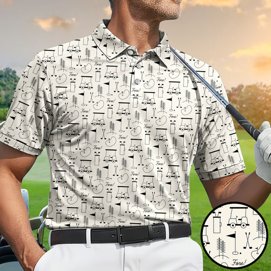 Men’s Funny Golf Polo Shirt, Golf Cart & Clubs “Fore!” Pattern, Casual Golf Polo for Golfers, Golf Lover Gift