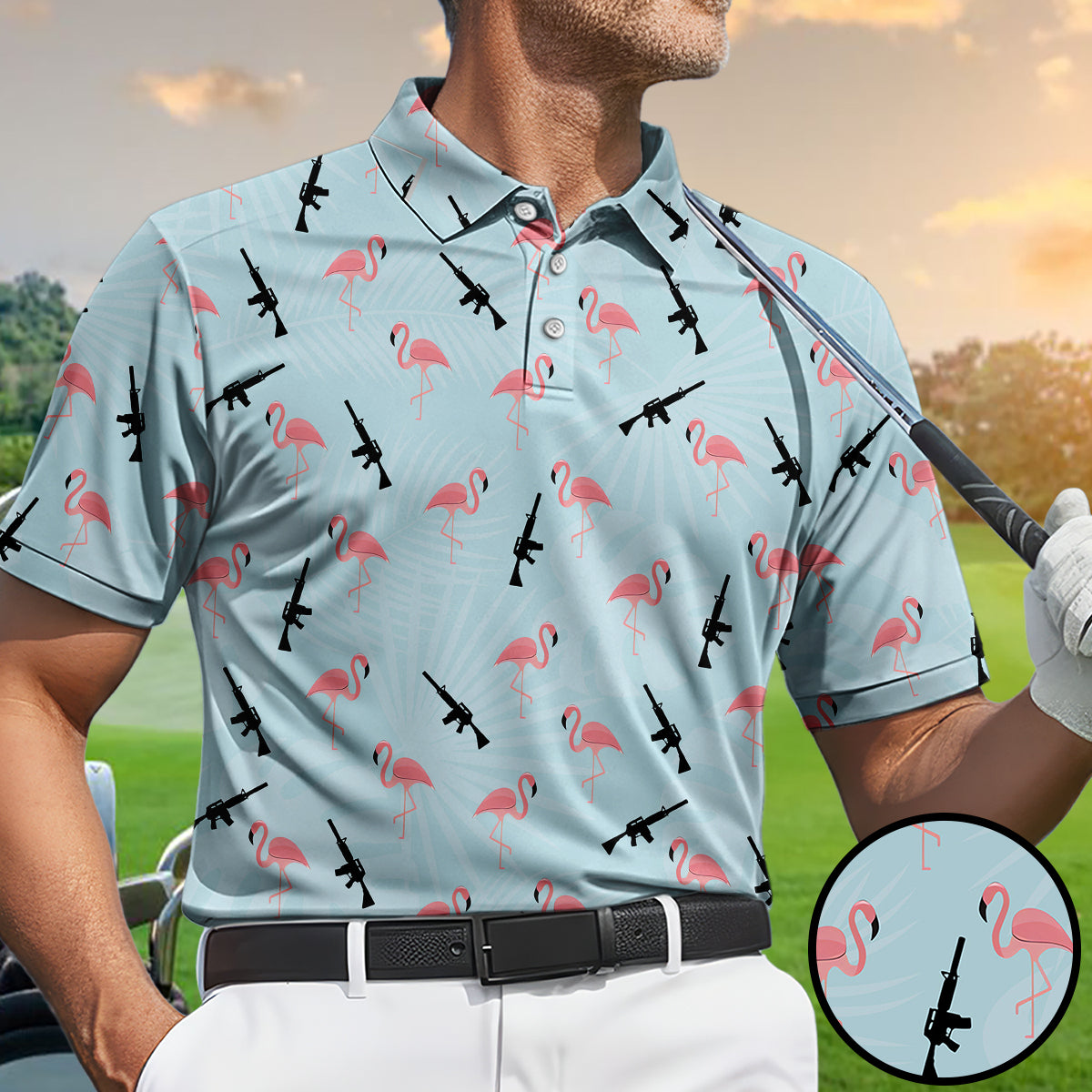 Funny Flamingo Gun Golf Polo Shirt for Men – Tactical Flamingo Pattern Performance Golf Shirt, Lightweight Breathable Novelty Golf Polo