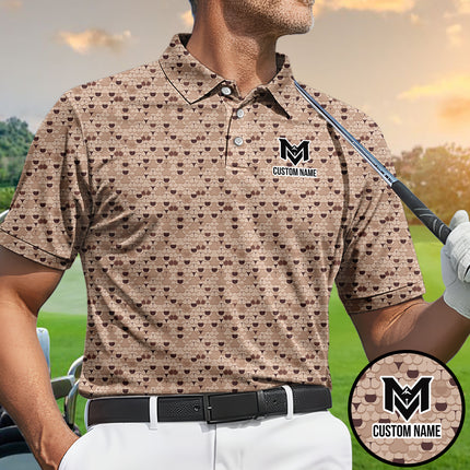 Brown Golf Ball Pattern Polo Shirt for Men Classic All Over Print Performance Golf Polo Lightweight Breathable Golf Apparel