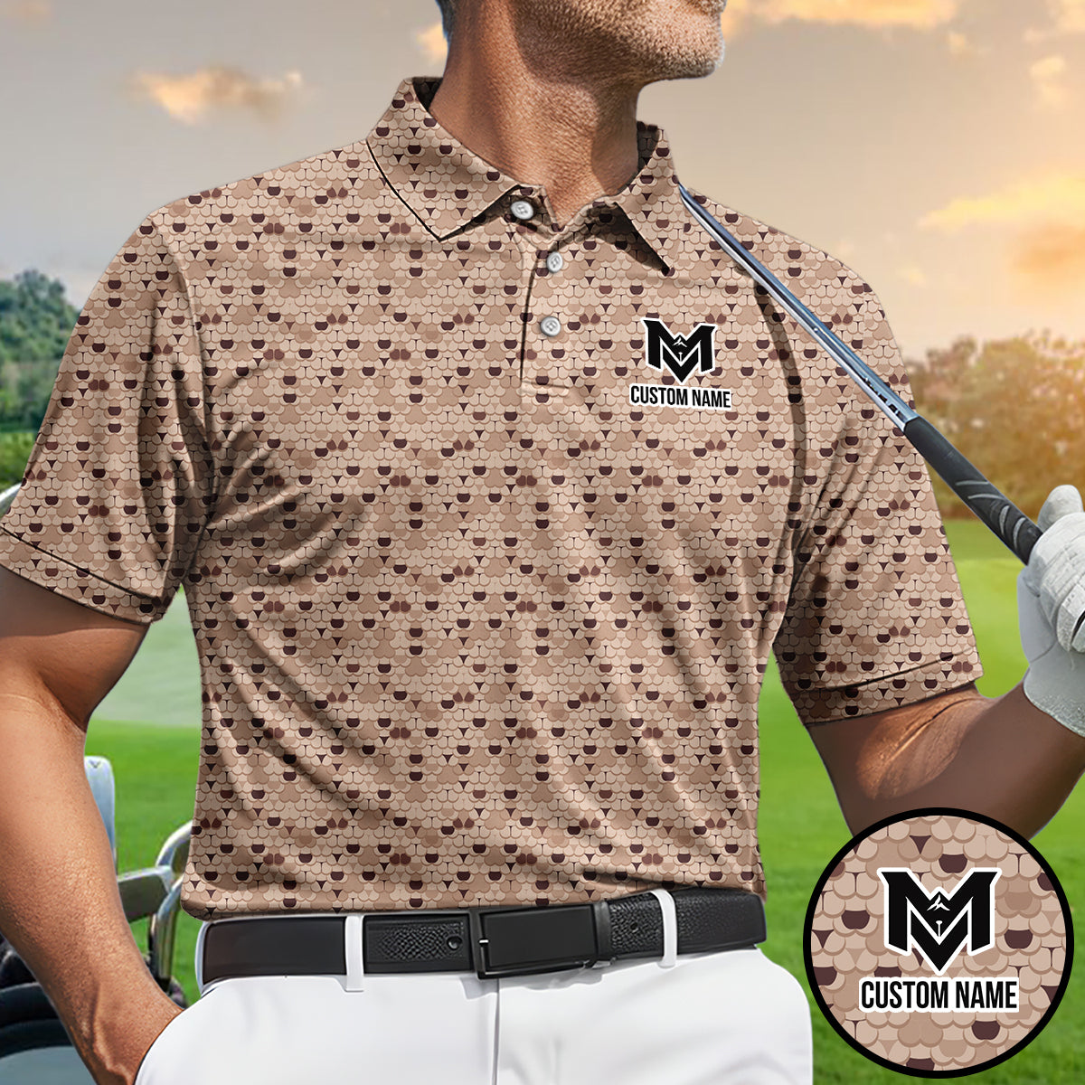 Personalized Brown Golf Ball Pattern Polo Shirt for Men Classic All Over Print Performance Golf Polo Lightweight Breathable Golf Apparel