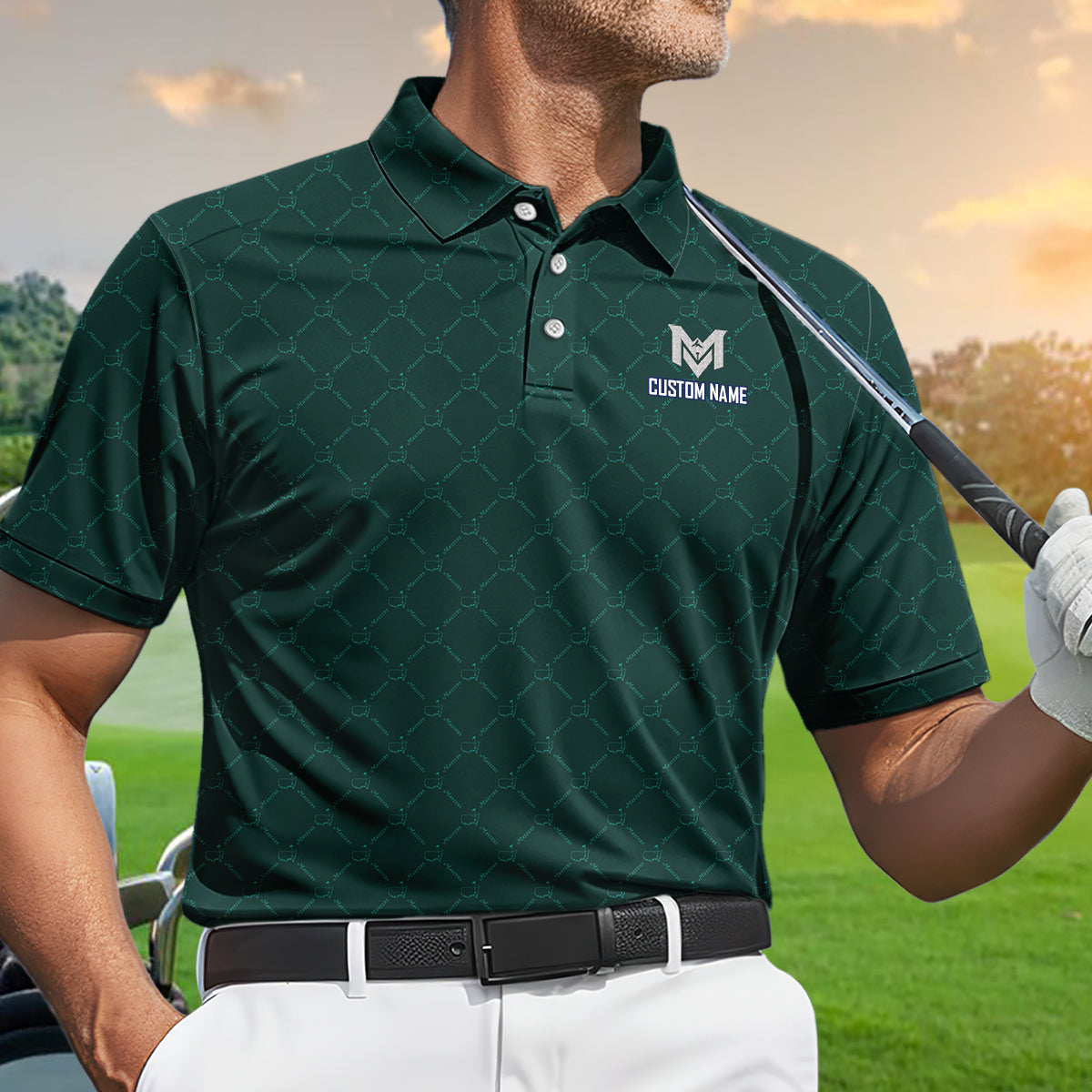 Personalized Masters Green Golf Polo Shirt for Men Classic Tournament Pattern Performance Golf Polo Lightweight Breathable Golf Apparel
