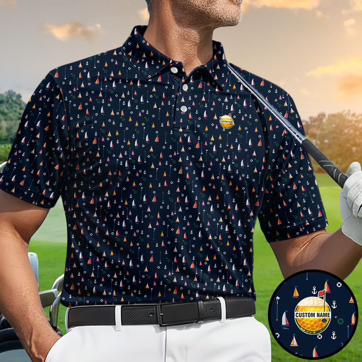 Personalized Custom Name Nautical Sailing Pattern Golf Polo Shirt for Men Unique Golf Apparel