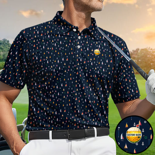 Personalized Custom Name Nautical Sailing Pattern Golf Polo Shirt for Men Unique Golf Apparel