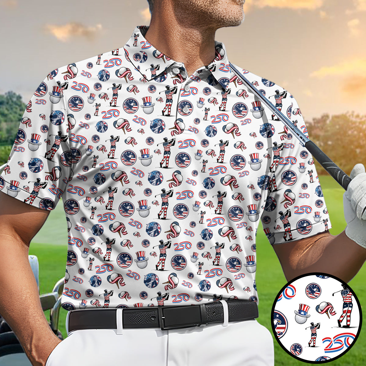 USA 250 Years Patriotic Golf Polo Shirt for Men American Flag Golfer All Over Print Performance Golf Shirt Semiquincentennial 1776–2026