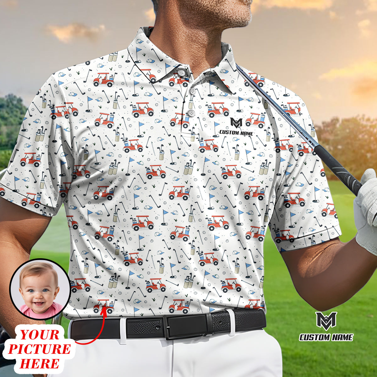 Personalized Funny Golf Cart Pattern Polo Shirt for Men All Over Print Golf Equipment Design Performance Golf Polo Lightweight Breathable Golf Apparel