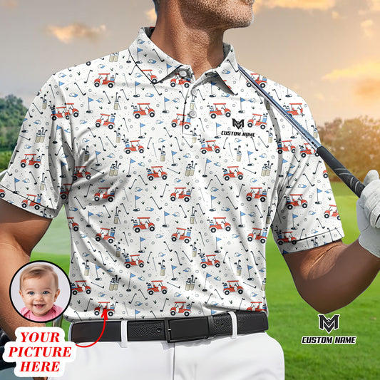 Personalized Funny Golf Cart Pattern Polo Shirt for Men All Over Print Golf Equipment Design Performance Golf Polo Lightweight Breathable Golf Apparel