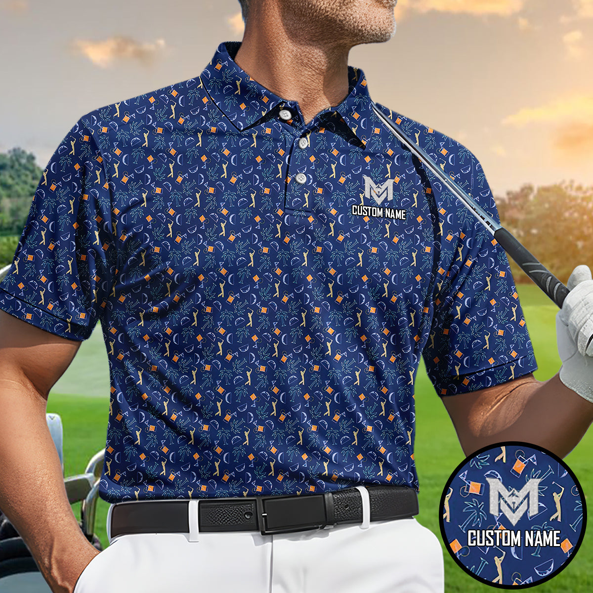 Personalized Funny Golf & Whiskey Pattern Polo Shirt for Men Tropical All Over Print Performance Golf Polo Lightweight Breathable Golfer Shirt