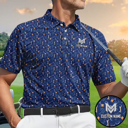 Personalized Funny Golf & Whiskey Pattern Polo Shirt for Men Tropical All Over Print Performance Golf Polo Lightweight Breathable Golfer Shirt