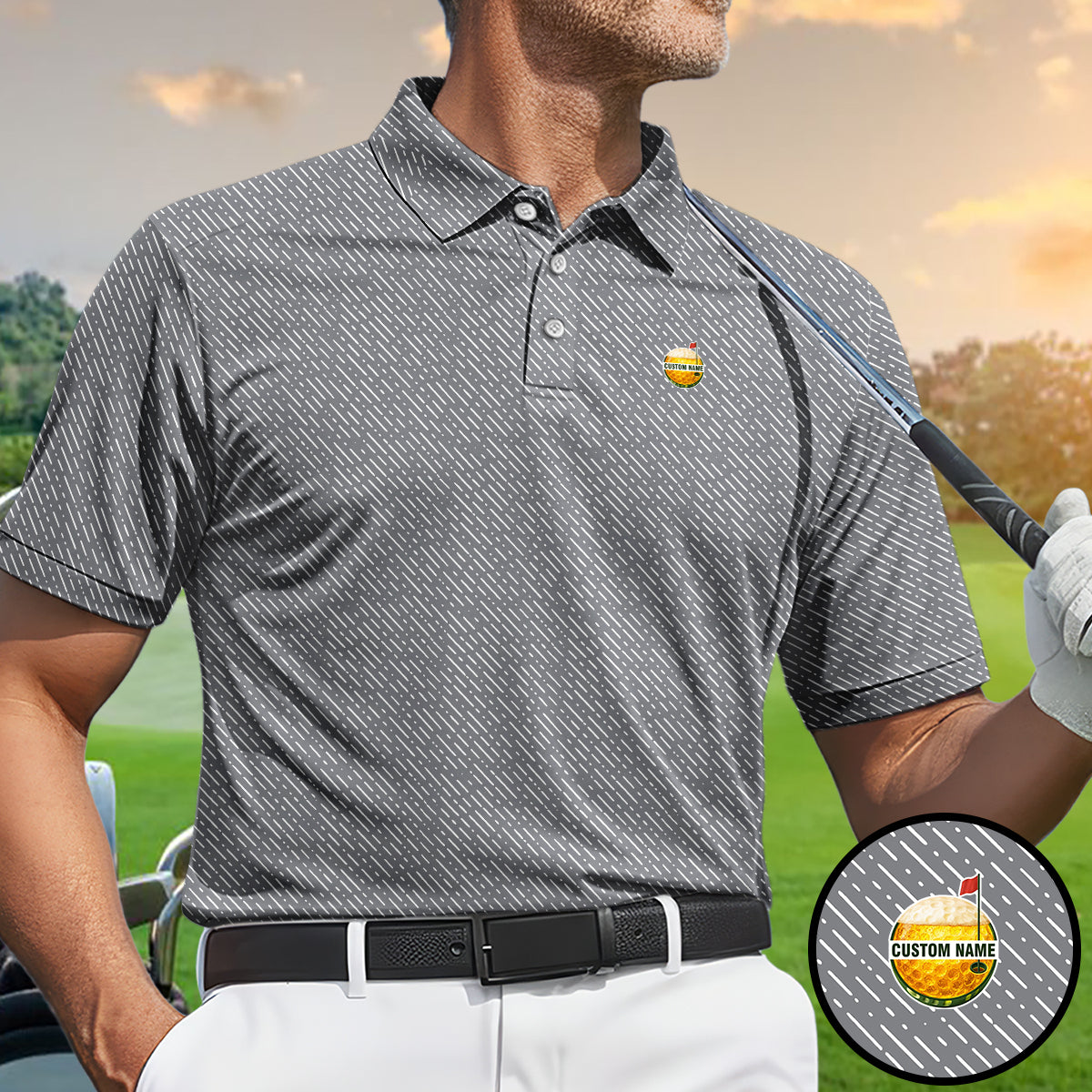 Personalized Custom Name Diagonal Dash Pattern Golf Polo Shirt for Men Stylish Minimal Golf Apparel