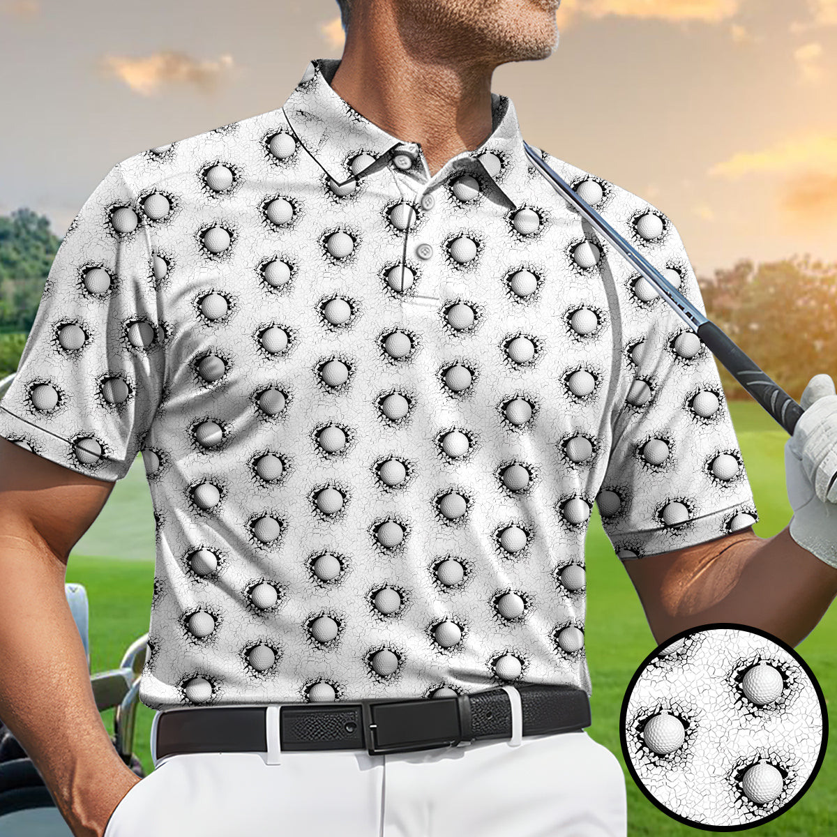 Cracked Golf Ball Pattern Golf Polo Shirt for Men – Unique 3D Golf Ball Print Performance Golf Shirt Lightweight Breathable Golf Polo