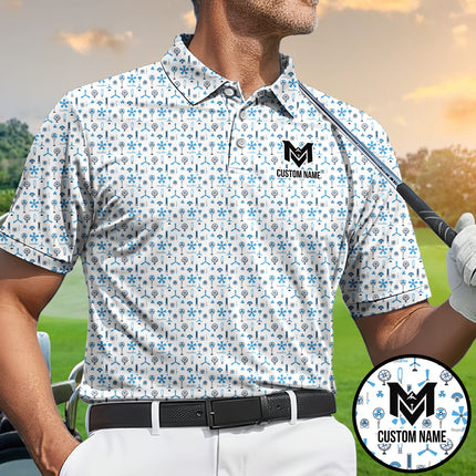 Blue Funny Golf Icons Polo Shirt for Men Golf Equipment Pattern All Over Print Performance Golf Polo Lightweight Breathable Golf Apparel