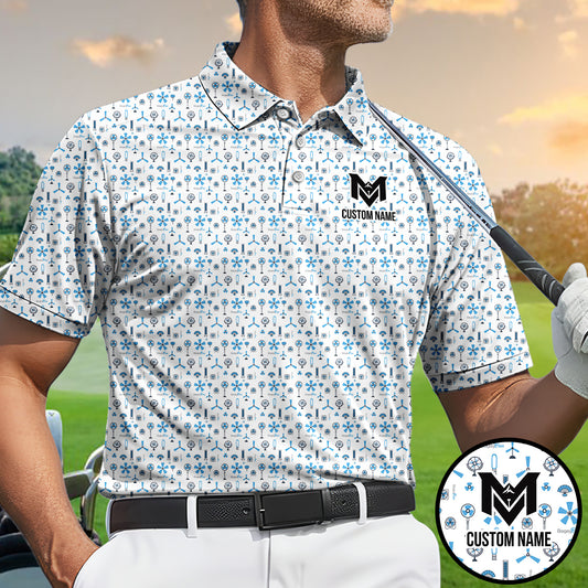 Personalized Blue Funny Golf Icons Polo Shirt for Men Golf Equipment Pattern All Over Print Performance Golf Polo Lightweight Breathable Golf Apparel